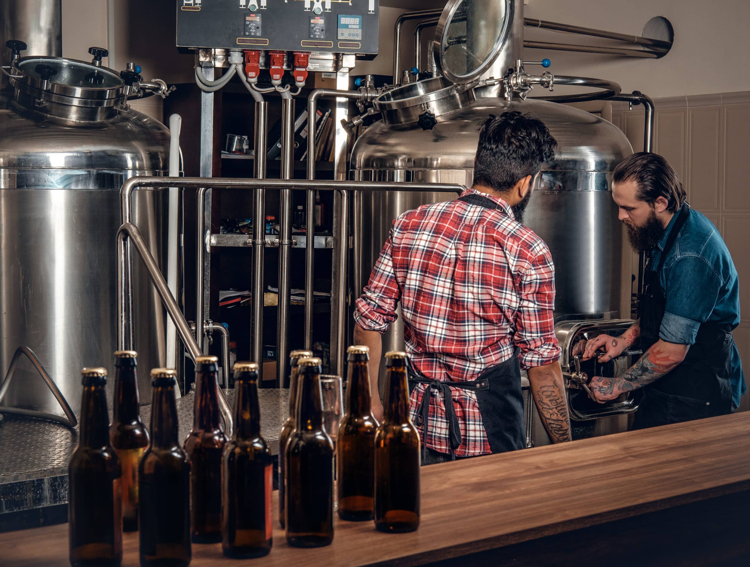 Two  men brewing beer in the craft microbrewery